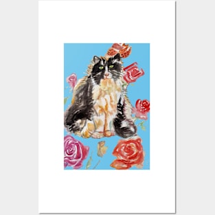 Tuxedo Cat Watercolor Painting and Roses on Light Blue Posters and Art